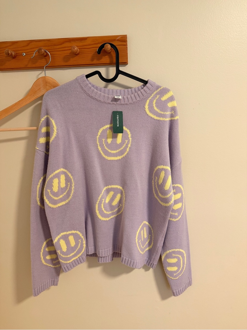 twik Lavender Crewneck Sweater with Yellow Smiley Pattern
